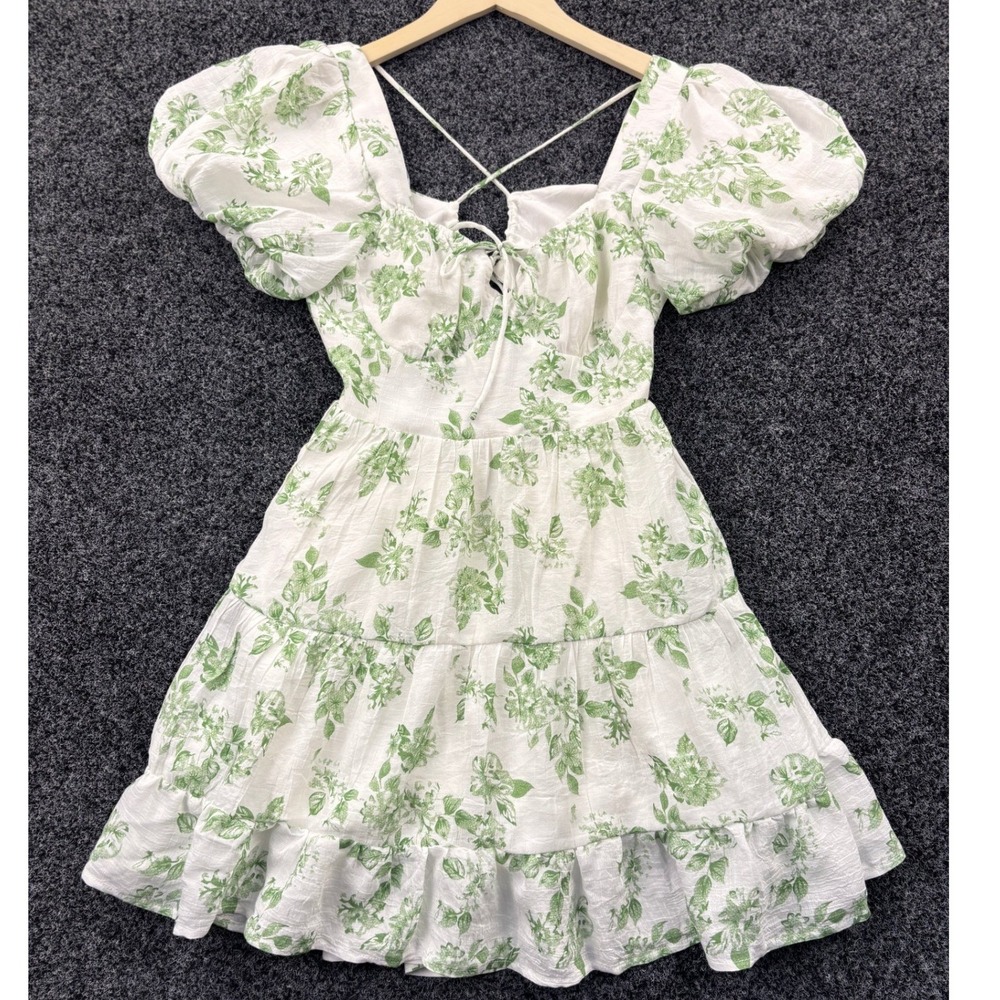 Windsor Floral Mini Dress Women's Medium Puff Sleeve Tiered Lace Up Back Green